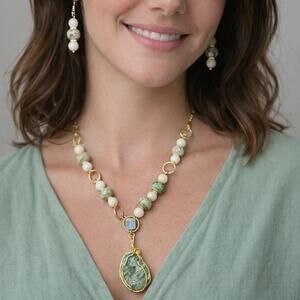 Nephrite Jade 1 1/2" cabochon ocean jasper beads gold wire pendant 20" earrings